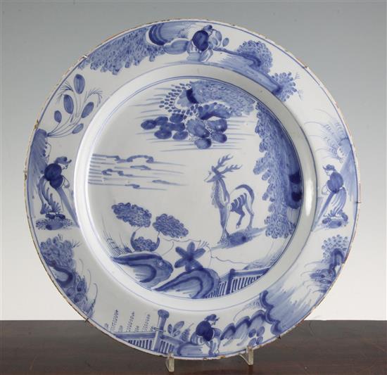 A Dublin delft ware blue and white charger, c.1760, diameter 36cm